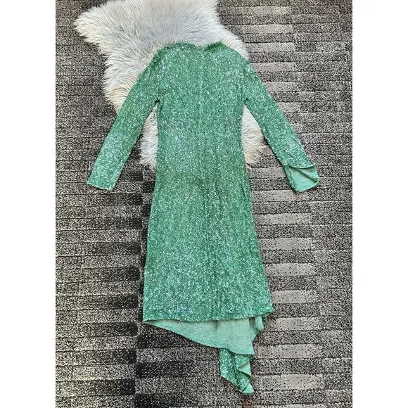 Ashish Green Twist Sequin Maxi Dress Medium Long Sleeve NWOT Sheath (MSRP $2500)